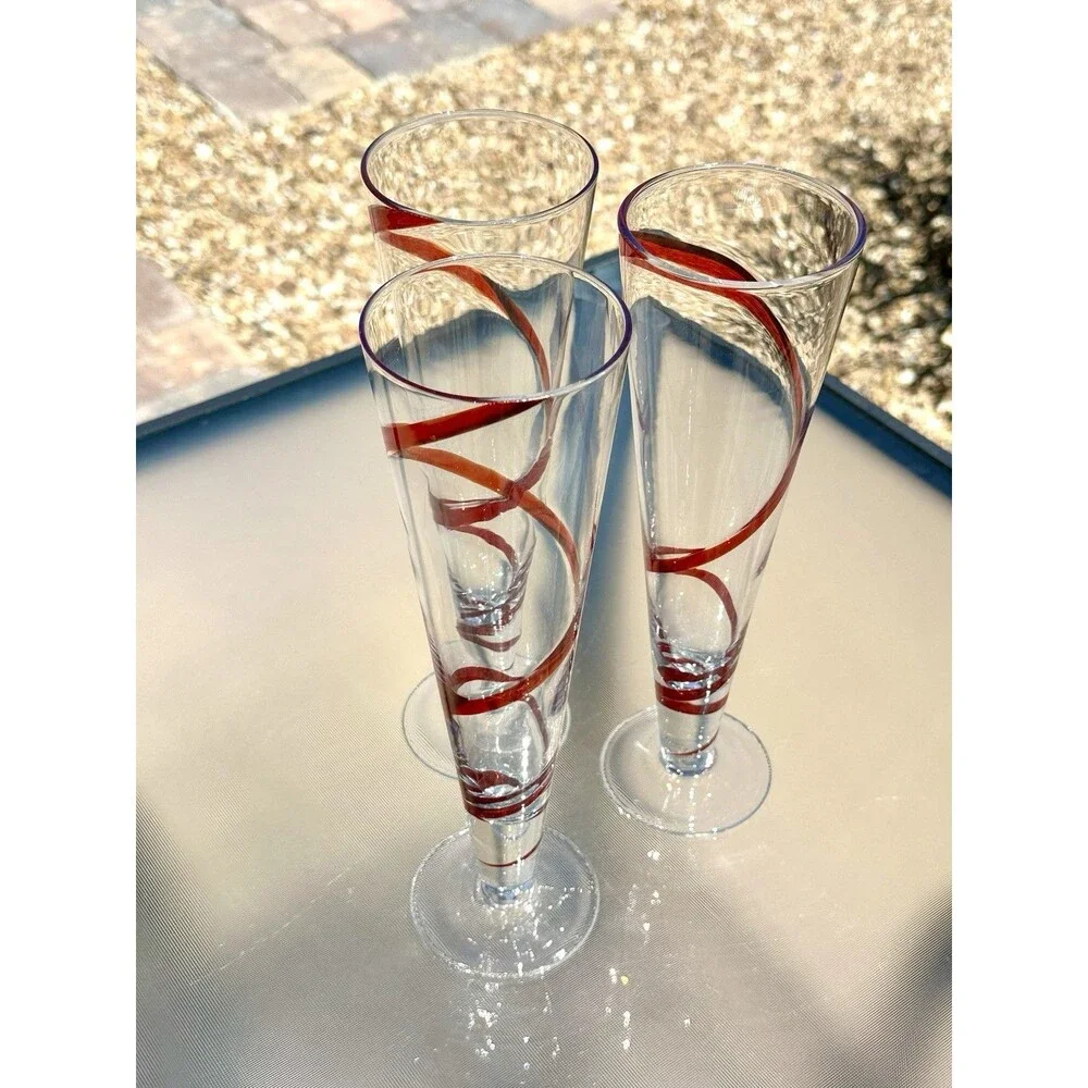 3 Pier 1 Imports Red Swirline Ribbon Swirl Red Pilsner Beer Fluted Glasses Tall